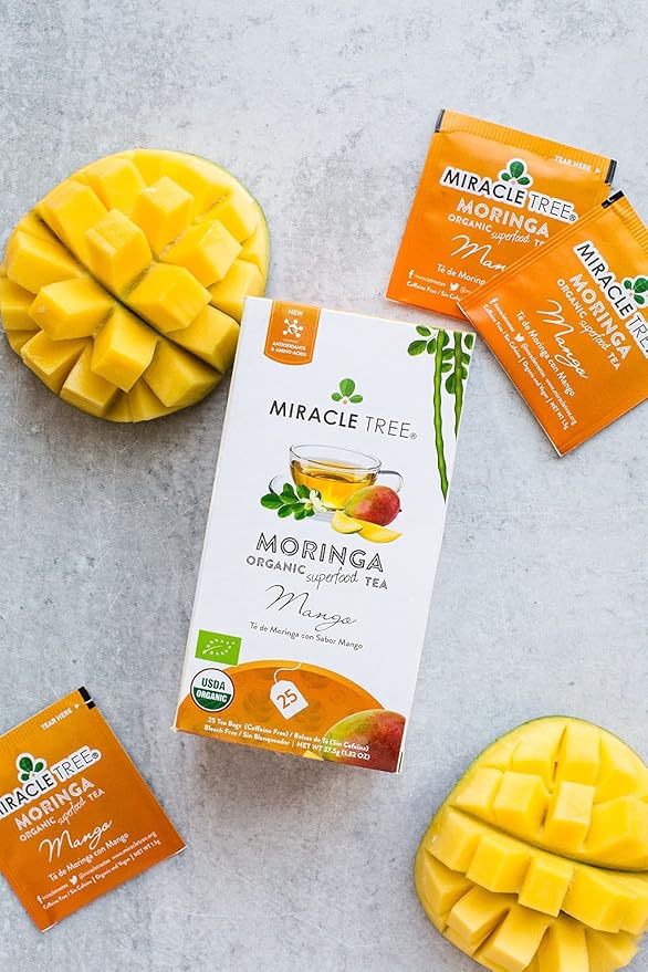 Miracle Tree - 6 Count of Organic Moringa Superfood Tea, 25 Individually Sealed Tea Bags, Mango (Keto, Detox, Energy/Immunity Booster, Vegan, Gluten-Free, Organic, Non-GMO, Caffeine-Free)
