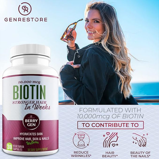 Berry Gen Biotin Supplement 10000 mcg Vegetarian Capsules - Support Hair Health & Growth, Help Heal Skin & Reduce Wrinkles and Moisturize Skin, Hair, and Nails - 30 Count (2)