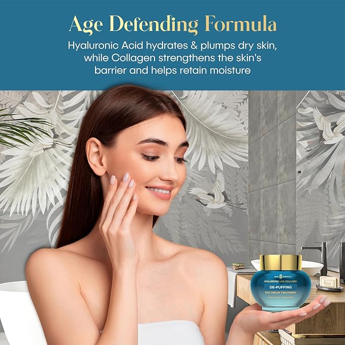 Hyaluronic Acid & Collagen De-Puffing Eye Cream - Reduces Under Eye Bags & Dark Circles, Hydrates - Dermatologist Tested, Korean Skin Care for All Skin Types - 1.0 Fl. Oz