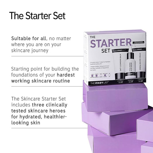 The INKEY List Starter Set, Oat Cleansing Balm, Hyaluronic Acid Serum & Omega Water Cream, Nourishing Skincare Set, Gentle Cleanser, Suitable For All Skin Types