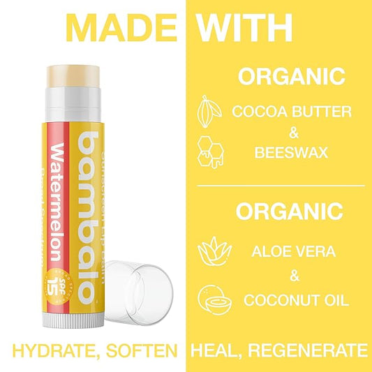 4-Pack Watermelon SPF 15 Lip Balm - Organic Ingredients, Broad Spectrum UVA/UVB Protection - Hydrating & Moisturizing, USA Made