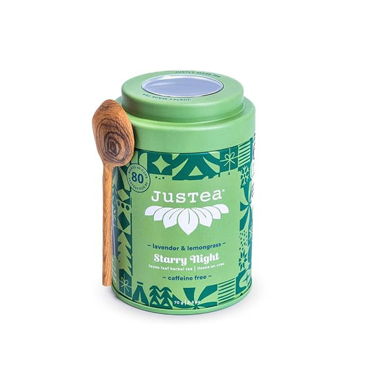 JusTea STARRY NIGHT | Loose Leaf Herbal Tea | Tin with Hand Carved Tea Spoon | 40+ Cups (2.5oz) | Caffeine Free | Award-Winning | Fair Trade | Non-GMO
