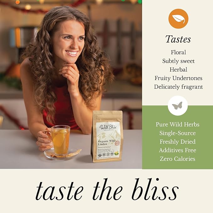 Wild Bliss Organic Linden Flower Tea - Caffeine Free Calming Herbal Tea - 75 Plant Based Tea Bags