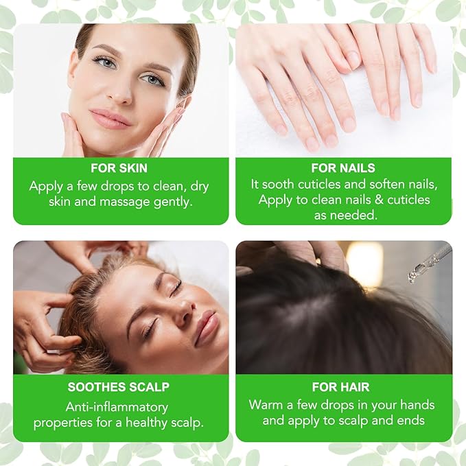 Premium Organic Moringa Oil Cold Pressed, Moringa Oil Unrefined for Hair & Skin Lightweight Face Oil, Natural Moisturizer in Glass Bottle 60ml