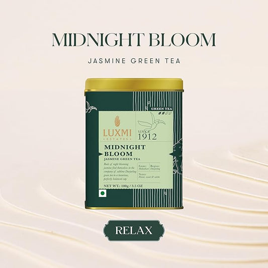 Luxmi Estates - Midnight Bloom - Organic Jasmine Tea - Loose Leaf - 100g (50 Cups) | With Organic Jasmine Buds and Darjeeling Green Tea | Natural Aid to Relieve Stress, Anxiety and Sleep Problems