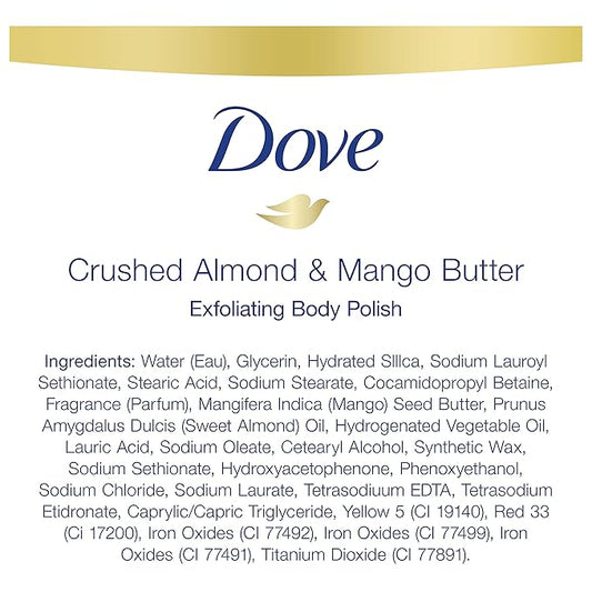 Dove Exfoliating Body Polish Body Scrub Crushed Almond and Mango Butter 4 Count Exfoliating Scrub for Dry Skin Gently Exfoliates to Reveal Healthy Skin 10.5 oz