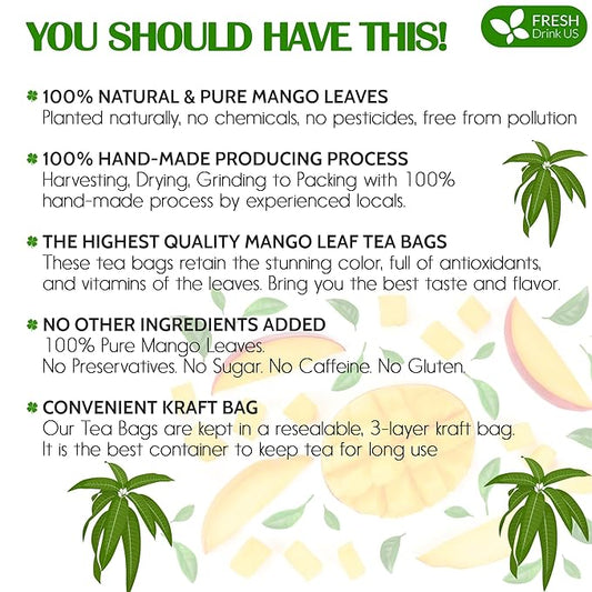 FreshDrinkUS, Premium 40 Mango Leaf Tea Bags, 100% Natural& Pure from Mango Leaves. Loose Leaf Mango Herbal Tea. Mango Leaf Tea. No Sugar, No Caffeine, No Gluten, Vegan.