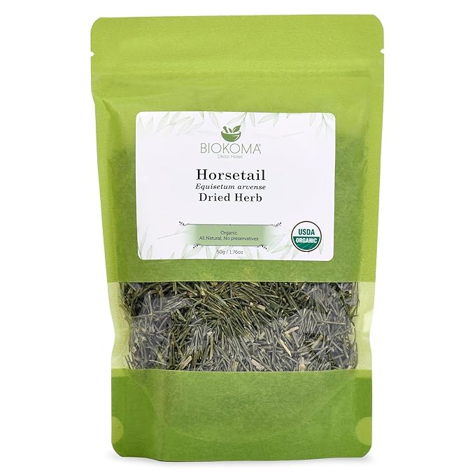 Biokoma Pure and Organic Horsetail Dried Leaves 50g in Resealable Pack Moisture Proof Pouch, USDA Certified Organic - Herbal Tea, No Additives, No Preservatives, No GMO, Kosher