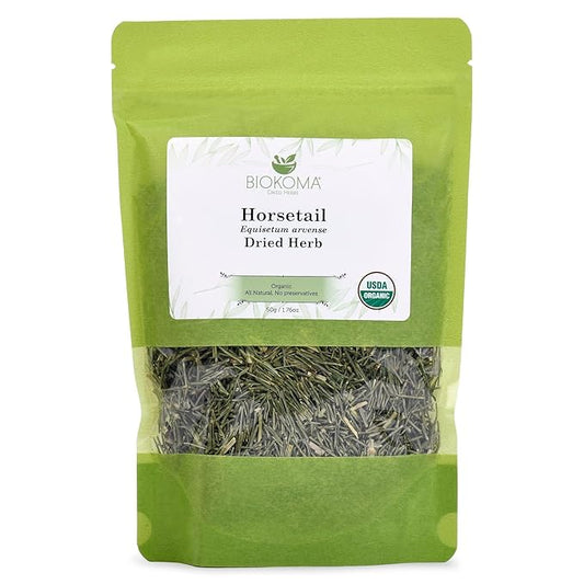 Biokoma Pure and Organic Horsetail Dried Leaves 50g in Resealable Pack Moisture Proof Pouch, USDA Certified Organic - Herbal Tea, No Additives, No Preservatives, No GMO, Kosher