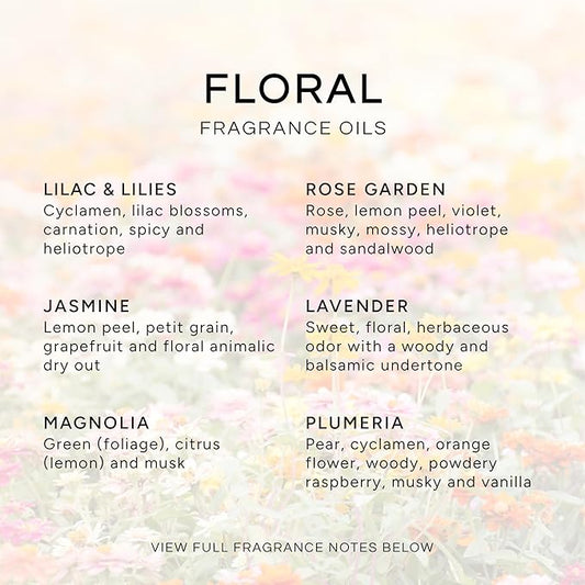 Eternal Essence Oils Floral Set of 6 Premium Fragrance Oils - Lavender, Lilac Lillies, Jasmine, Plumeria, Rose Garden, Magnolia Scented Oil - for Diffusers, Candle & Soap Making, & Aromatherapy