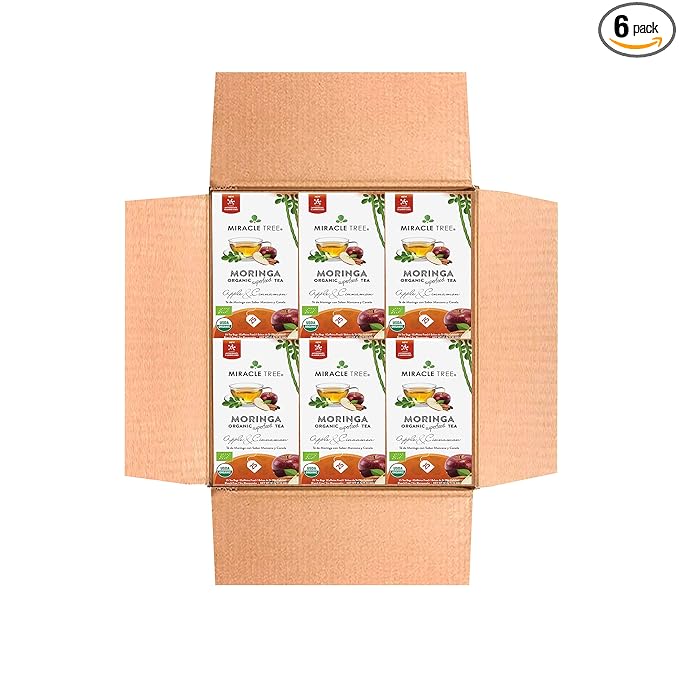 Miracle Tree - 6 Count of Organic Moringa Superfood Tea, 25 Individually Sealed Tea Bags, Apple & Cinnamon (Keto, Detox, Energy/Immunity Booster, Vegan, Gluten-Free, Organic, Non-GMO, Caffeine-Free)