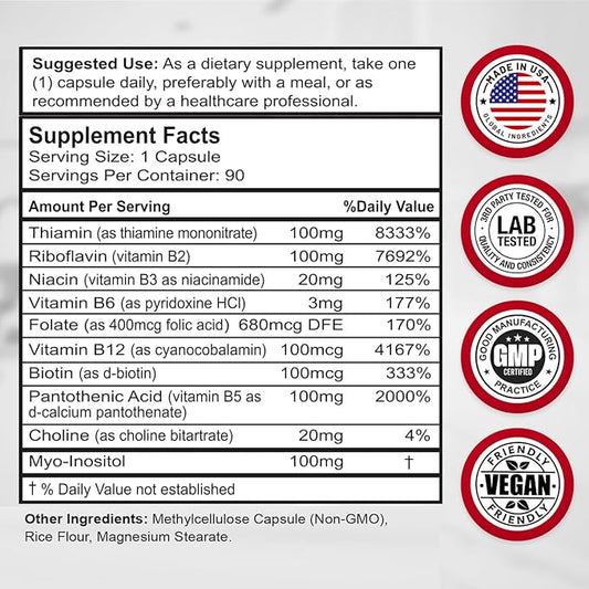 Divine Bounty Super B Complex Vitamins - All B Vitamins Including B12, B1, B2, B3, B5, B6, B7, B9, Folic Acid - Vitamin B Supplement - Support Healthy Energy Metabolism - 90 Vegetarian Capsules