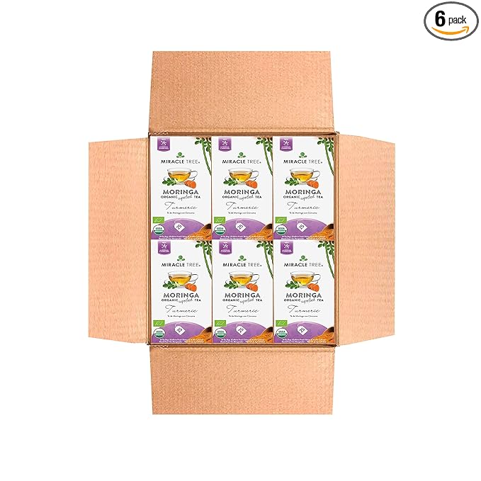 Miracle Tree - 6 Count of Organic Moringa Superfood Tea, 25 Individually Sealed Tea Bags, Turmeric (Keto, Detox, Energy/Immunity Booster, Vegan, Gluten-Free, Organic, Non-GMO, Caffeine-Free)