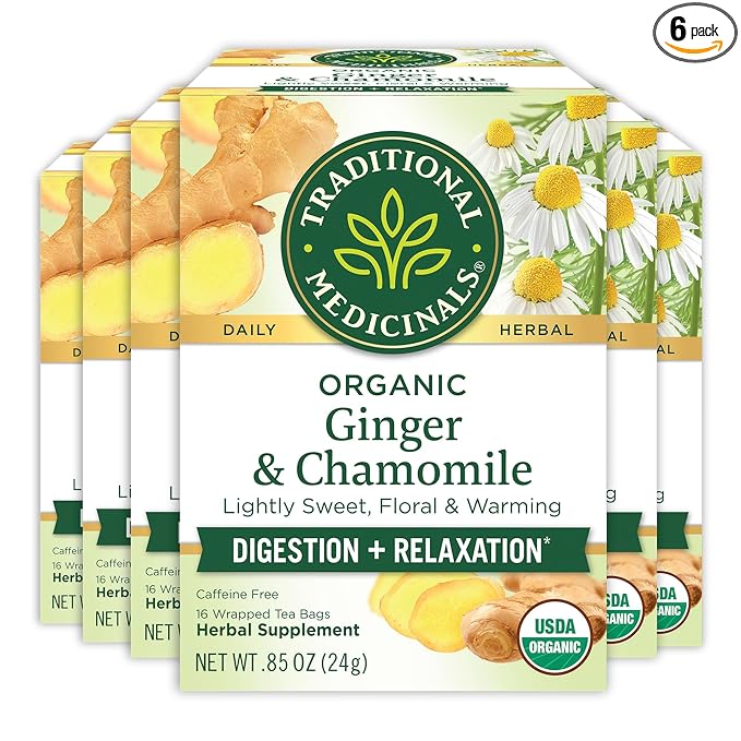 Traditional Medicinals Organic Ginger with Chamomile Herbal Tea, Relieves Occasional Indigestion or Nausea, (Pack of 6), 96 Count