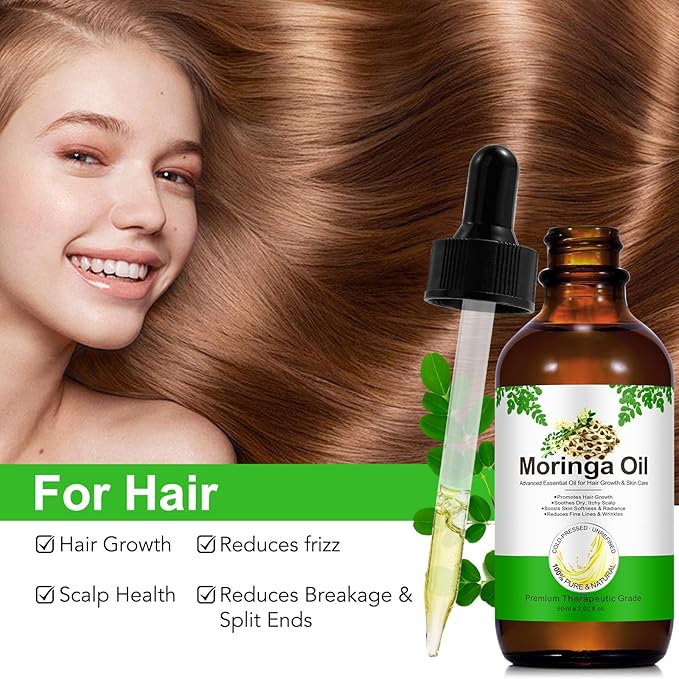 Premium Organic Moringa Oil Cold Pressed, Moringa Oil Unrefined for Hair & Skin Lightweight Face Oil, Natural Moisturizer in Glass Bottle 60ml