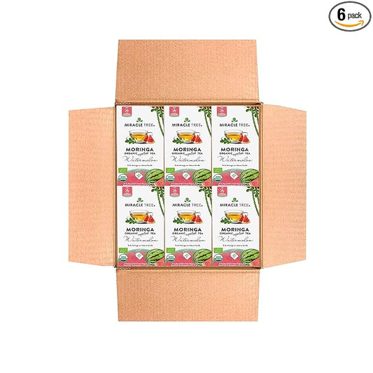 Miracle Tree - 6 Count of Organic Moringa Superfood Tea, 25 Individually Sealed Tea Bags, Watermelon (Keto, Detox, Energy/Immunity Booster, Vegan, Gluten-Free, Organic, Non-GMO, Caffeine-Free)