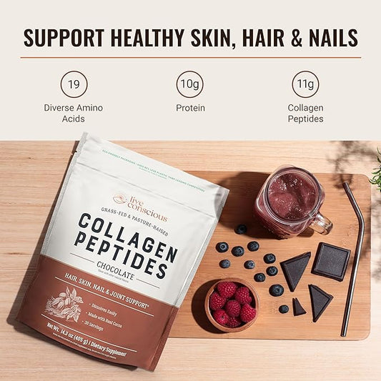 Live Conscious Collagen Peptides Powder - Chocolate Collagen Powder - Hair, Skin, Nail, and Joint Support - Type I & III Grass-Fed Collagen Supplements for Women and Men - 30 Servings - 14.3oz