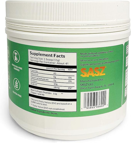SASZ Hydrolyzed Bovine Collagen Peptides Powder 1lb Jar Clean Collagen Unflavored Grass-Fed Non-GMO Kosher Highly Soluble Protein