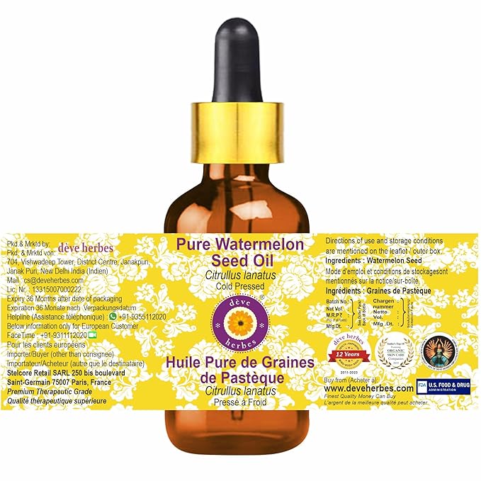 dève herbes Pure Watermelon Seed Oil (Citrullus lanatus) with Glass Dropper Cold Pressed (Pack of Two) 100ml X 2 (6.76 oz)