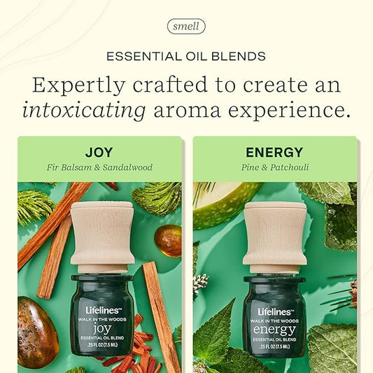 Lifelines Essential Oil Blends, 2-Pack - Blended Essential Oils with Mess-Free Precision Pump for Aromatherapy Diffusers - Long-Lasting Scented Fragrance - Walk in The Woods (Joy & Energy)