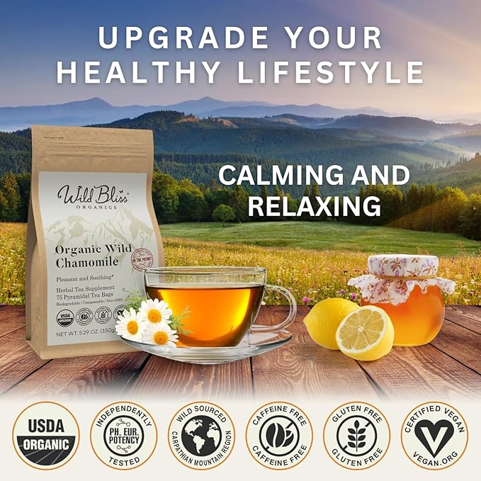 Wild Bliss Organic Chamomile Tea - Caffeine Free Calming Herbal Support - Pharmacopoeia Potency - 75 Plant Based Tea Bags
