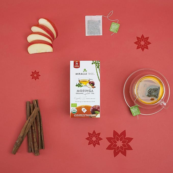 Miracle Tree - Organic Moringa Superfood Tea, 25 Individually Sealed Tea Bags, Apple & Cinnamon (Keto, Detox, Energy/Immunity Booster, Vegan, Gluten-Free, Organic, Non-GMO, Caffeine-Free)