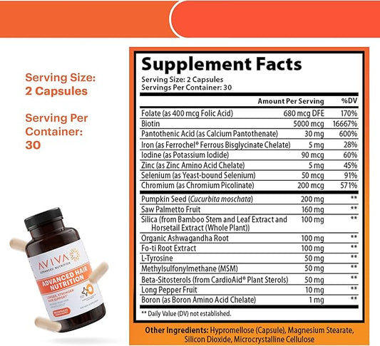 Aviva Advanced Hair Nutrition Hair Growth Vitamins – 120 Capsules Hair Vitamins Dietary Supplement for Thicker, Fuller Hair – Biotin 5000mcg with 18 Essential Oils and Nutrients