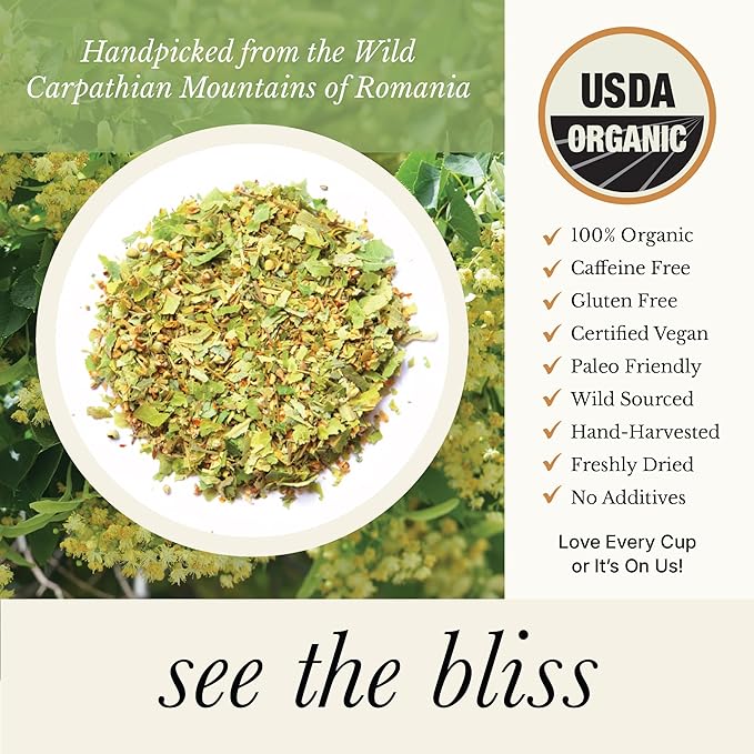 Wild Bliss Organic Linden Flower Herbal Tea - Caffeine Free Tisane - 20 Plant Based Tea Bags