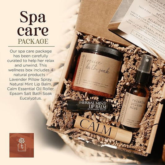 Spa Kit for Women – Relaxing Self Care Gift Set with Lavender Pillow Spray, Mint Lip Balm, Calm Essential Oil Roller & Epsom Salt Bath Soak – Luxury Pampering Package for Home & Bath