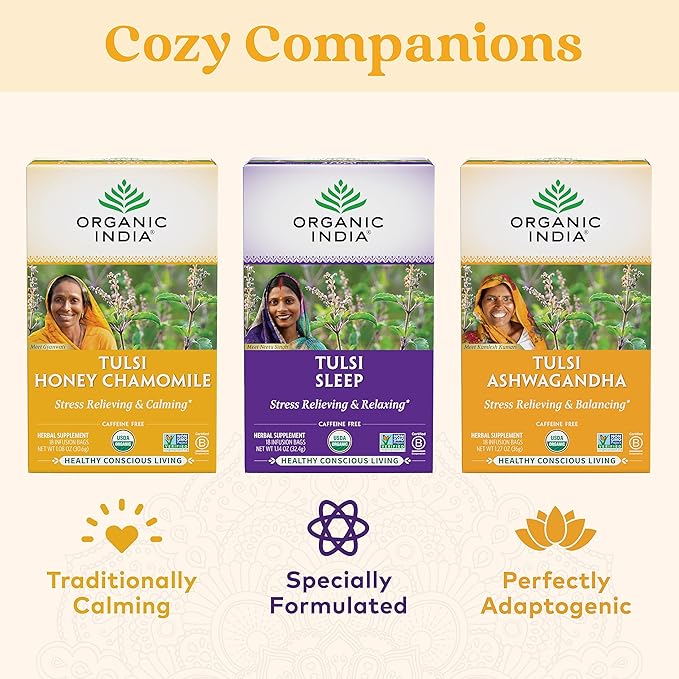 Organic India Tulsi Honey Chamomile Herbal Tea - Holy Basil, Stress Relieving & Calming, Immune Support, Adaptogen, Vegan, USDA Certified Organic, Caffeine-Free - 18 Infusion Bags, 6 Pack