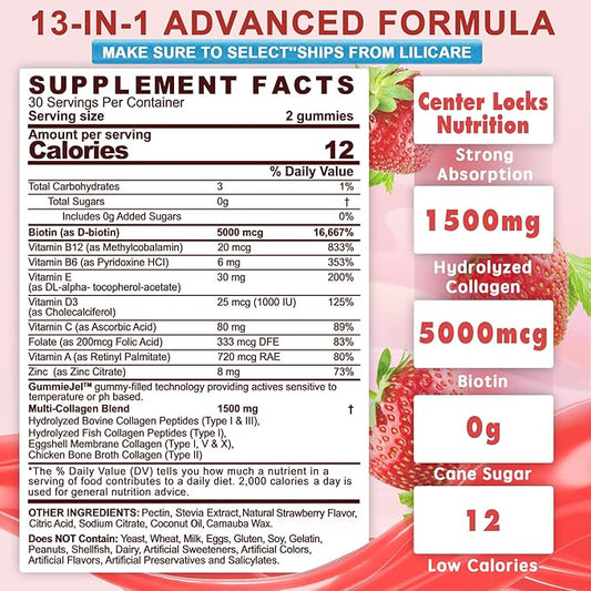 Collagen Peptide Gummies for Women & Men Sugar-Free, Multi Collagen Hydrolyzed w/ 1500mg Protein Type I,II,III,V,X, 5000mcg Biotin, Methylated B12, Vitamin C A E D3 B6 for Skin Hair Nails, Bone, 60Cts