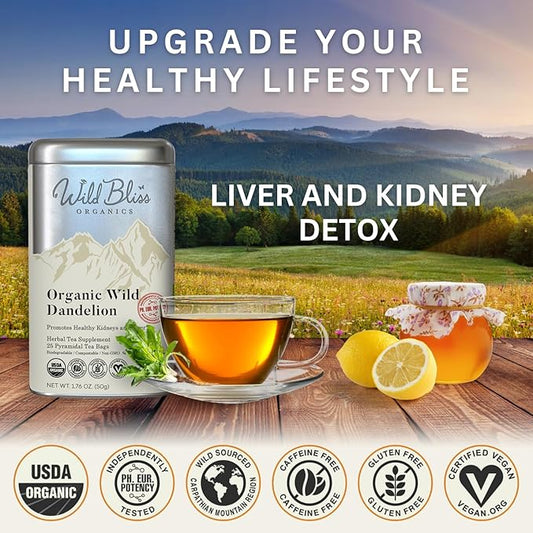 Wild Bliss Organic Wild Raw Dandelion Root Tea - Pharmacopoeia Quality Caffeine Free Herbal Detox Support - 25 Plant Based Tea Bags