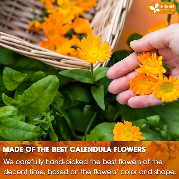 FRESHDRINKUS 75 Calendula Tea Bags, 100% Natural and Pure Calendula Flowers, Eco-conscious Tea Bags. Calendula Flower Herbal Tea. No Sugar, No Caffeine, No Gluten, Vegan.