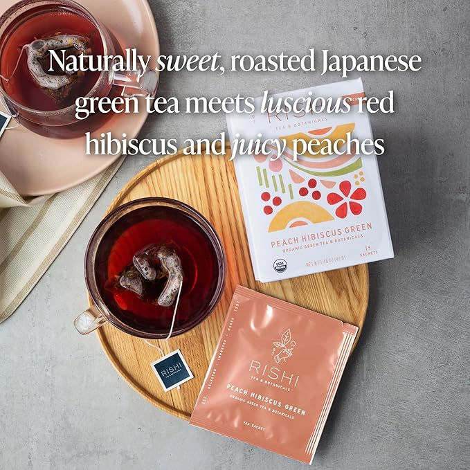 Rishi Tea Peach Hibiscus Green Houjicha Roasted Japanese Tea - Organic, Low Caffeine Sachet Bags with Hibiscus & Peach, Enjoy Hot or Iced - 15 Count (Pack of 1)
