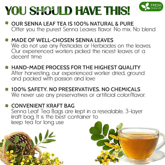 FreshDrinkUS, Premium 55 Senna Leaf Tea Bags, 100% Natural & Pure from Senna Leaves. Loose Leaf Senna Herbal Tea, Made with Natural Material Tea Bags, Senna Leaf Tea. No Sugar, No Caffeine, No Gluten, Vegan.