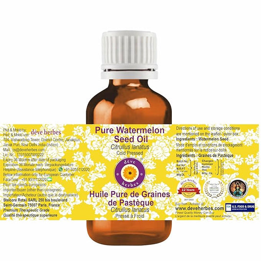 Deve Herbes Pure Watermelon Seed Oil (Citrullus lanatus) Cold Pressed (Pack of Three)100ml X 3 (10 oz)