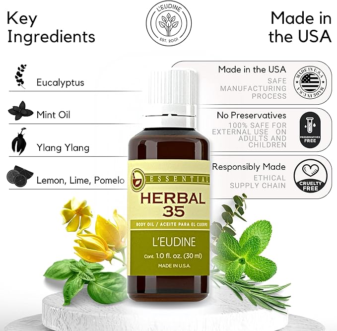L’EUDINE Herbal 35 Essential Oil – Pack of 3 – 1fl oz Aromatherapy Oils – Eucalyptus and Mint Oil – Promotes Optimal Blood Circulation – Soothing and Calming Effect
