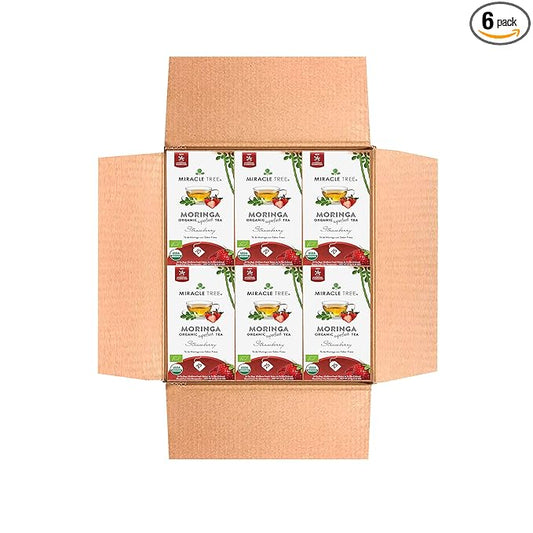 Miracle Tree - 6 Count of Organic Moringa Superfood Tea, 25 Individually Sealed Tea Bags, Strawberry (Keto, Detox, Energy/Immunity Booster, Vegan, Gluten-Free, Organic, Non-GMO, Caffeine-Free)