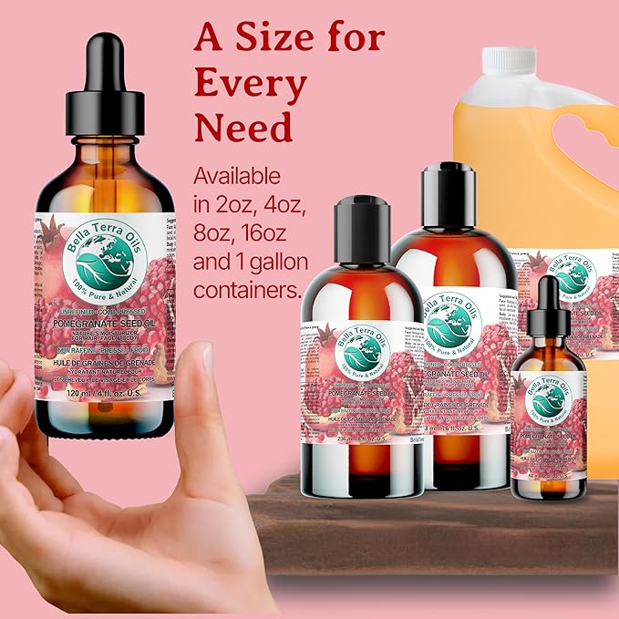 Bella Terra Oils - Organic Pomegranate Seed Oil 8 oz - Rich in Nutrients for Skin Hydration, Cold-Pressed from Organic Pomegranate Kernels