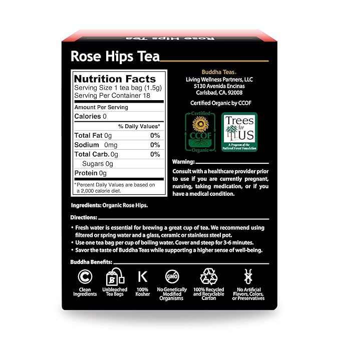 Organic Rosehips Tea - Kosher, Caffeine-Free, GMO-Free - 18 Bleach-Free Tea Bags