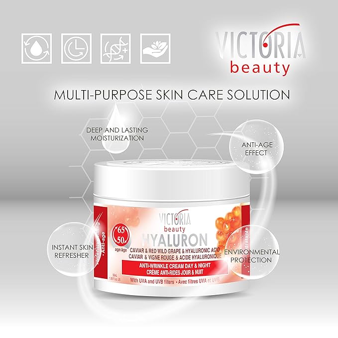 Hyaluron, Retinol, Caviar and Red-Grape Anti-Wrinkle Lifting Day and Night Cream - Anti-Aging Face Moisturizer with Hyaluronic Acid fo Ages 50 to 65+ (50ml)