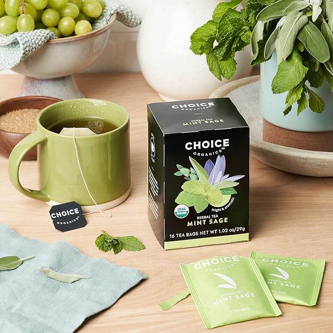 Choice Organic Mint Sage Herbal Tea, Caffeine Free, 16 Bags (Pack Of 6)