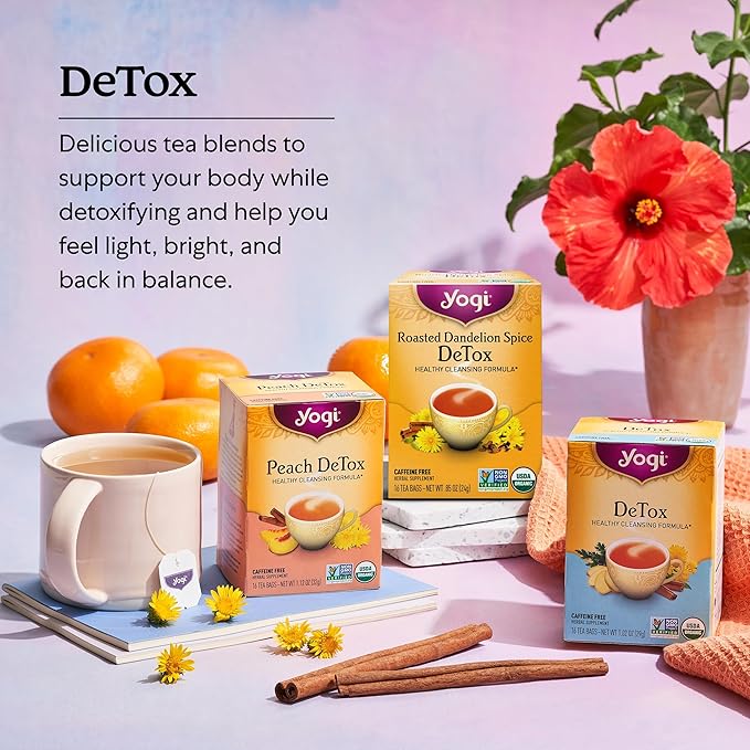 Yogi Tea Peach DeTox Tea - 16 Tea Bags per Pack (4 Packs) - Organic DeTox Tea to Feel Refreshed - Includes Cinnamon Bark, Ginger Root, Cardamom Pod, Burdock Root, Dandelion Root & More