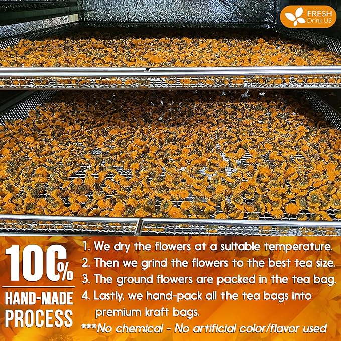FRESHDRINKUS 75 Calendula Tea Bags, 100% Natural and Pure Calendula Flowers, Eco-conscious Tea Bags. Calendula Flower Herbal Tea. No Sugar, No Caffeine, No Gluten, Vegan.